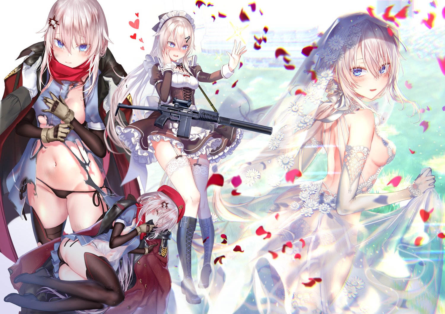 9a-91_(girls_frontline) breast_hold breasts dress girls_frontline gun heels maid no_bra pantsu pottsness see_through skirt_lift stockings string_panties thighhighs torn_clothes wedding_dress