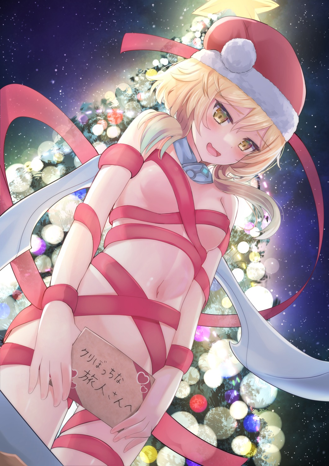 christmas genshin_impact lumine naked_ribbon shishitou