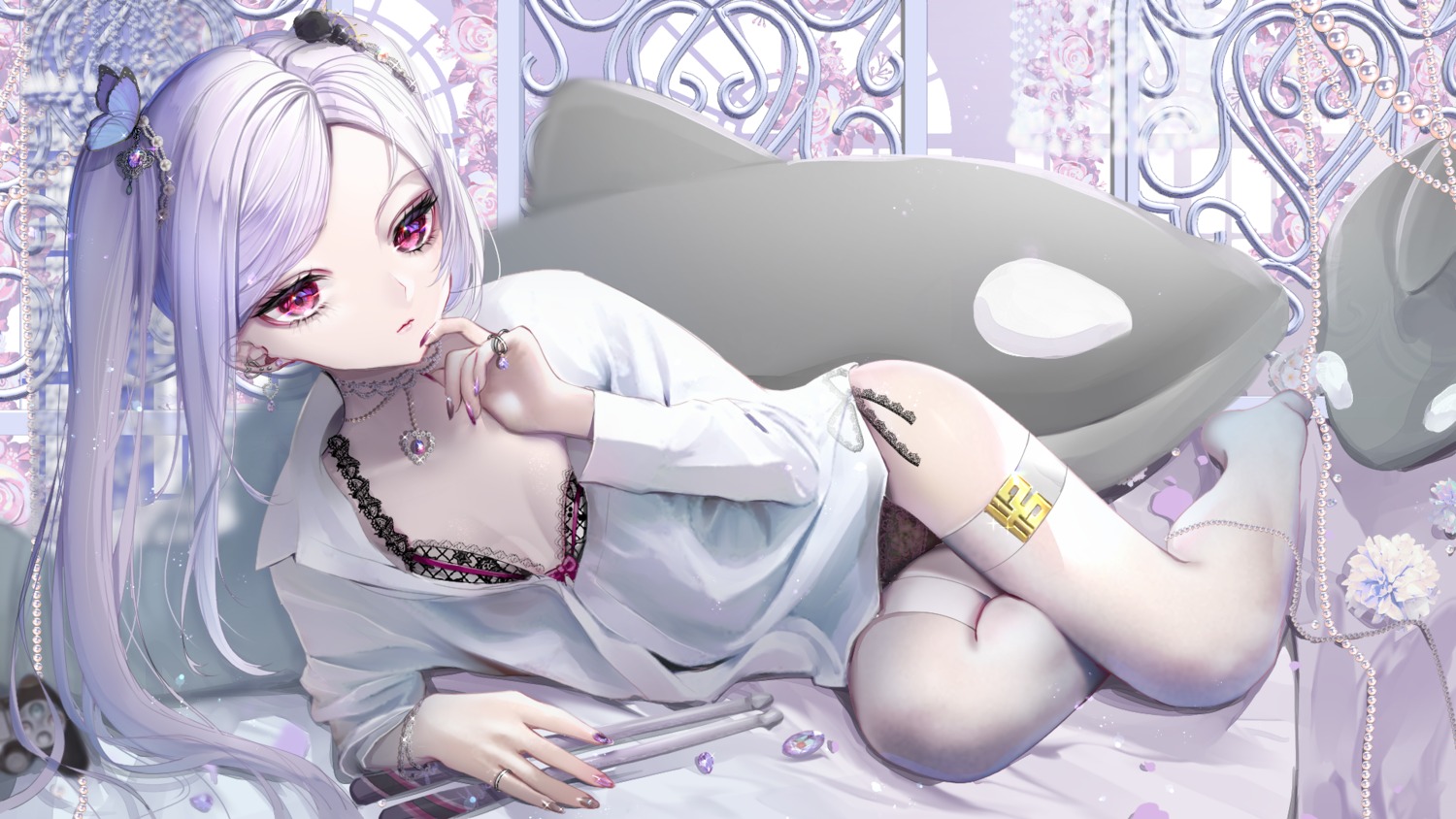 bra dress_shirt fayutea garter open_shirt pantsu see_through string_panties thighhighs