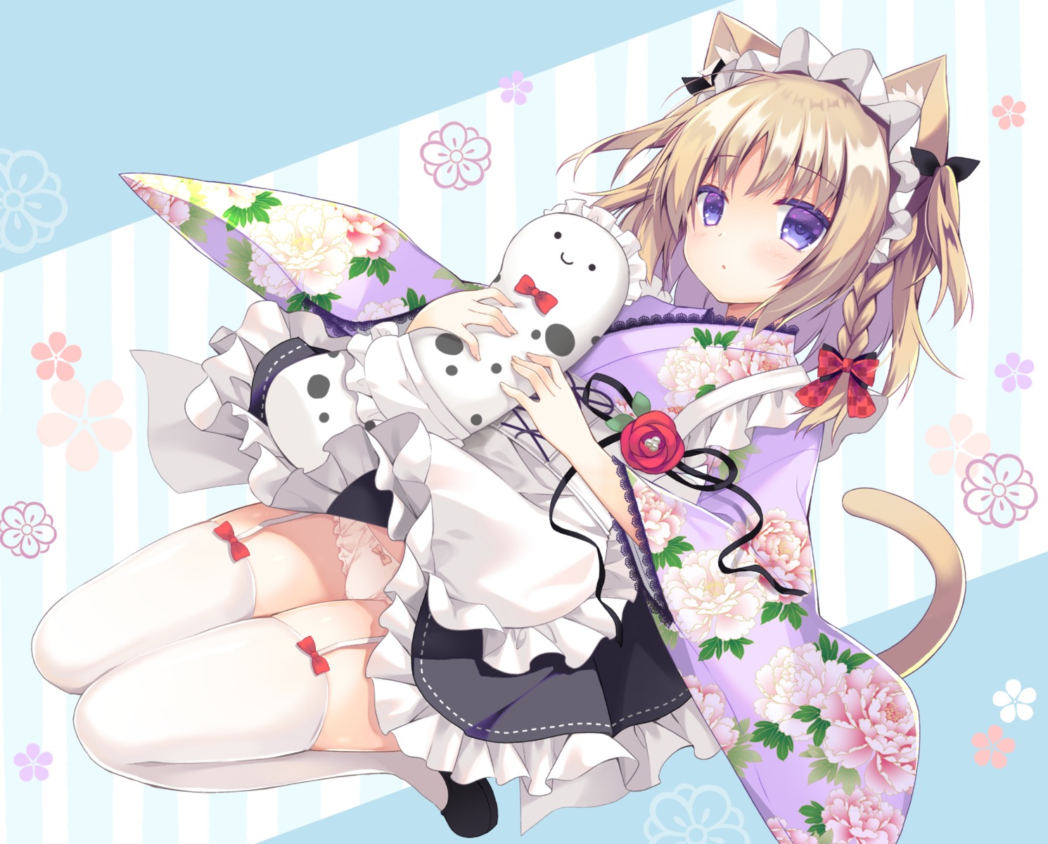 animal_ears maid nekomimi pantsu purin_purin skirt_lift stockings tail thighhighs wa_maid