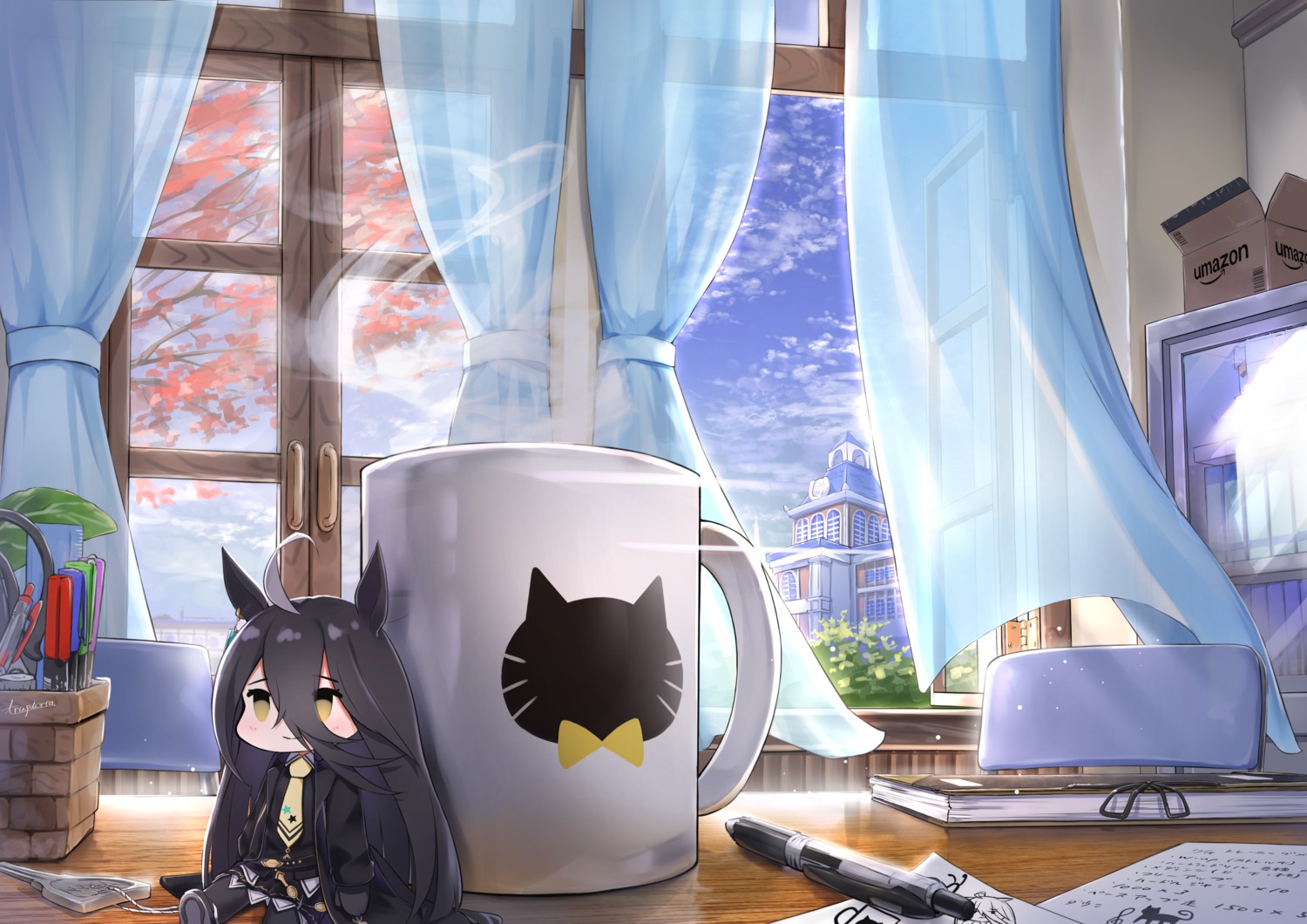 animal_ears chibi landscape manhattan_cafe_(umamusume) trapiorra uma_musume_pretty_derby uniform