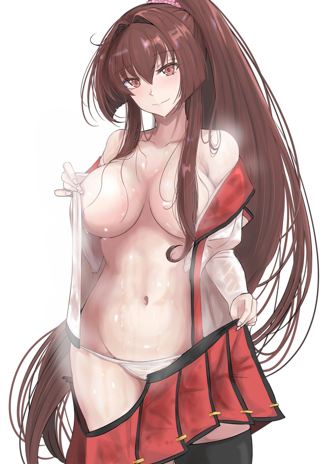 kantai_collection ken_(shutenndouji1) no_bra open_shirt pantsu see_through thighhighs undressing yamato_(kancolle)