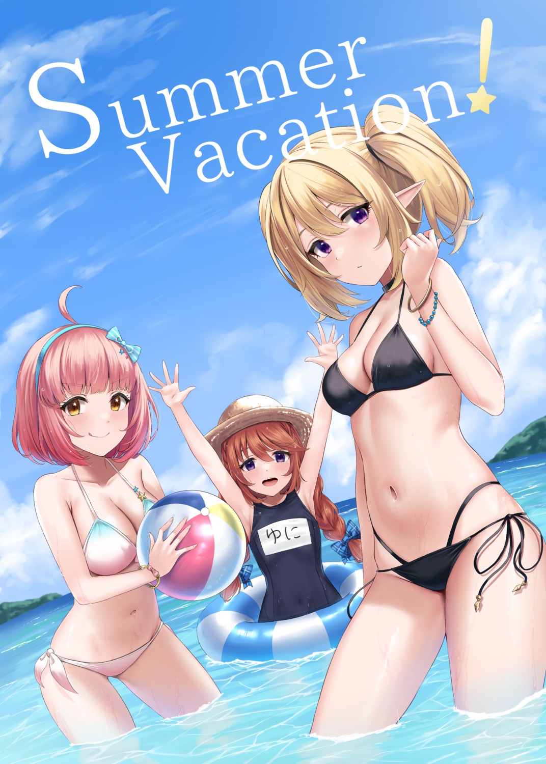 bikini kazama_chieru kuroe_hanako pointy_ears princess_connect princess_connect!_re:dive rama_(yu-light8) school_swimsuit shingyouji_yuni swimsuits wet