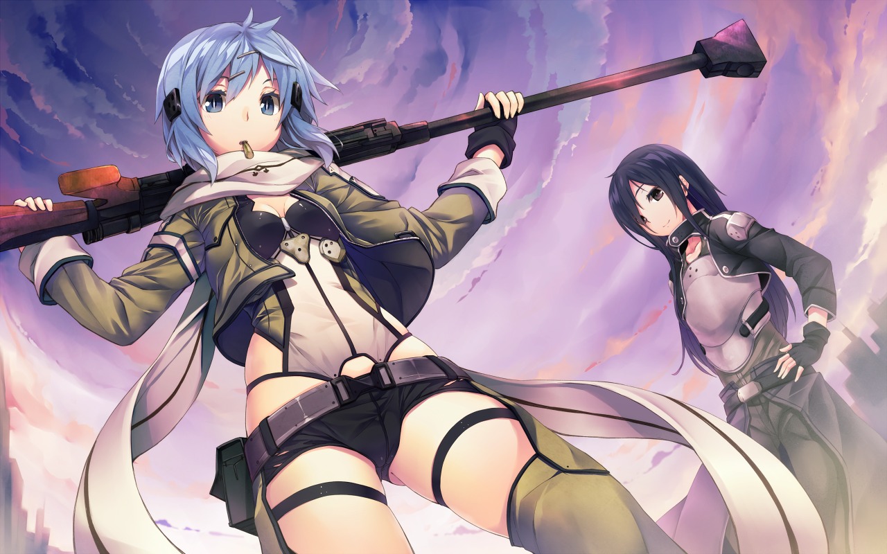 gun gun_gale_online hinasaki kirito sinon sword_art_online thighhighs wallpaper