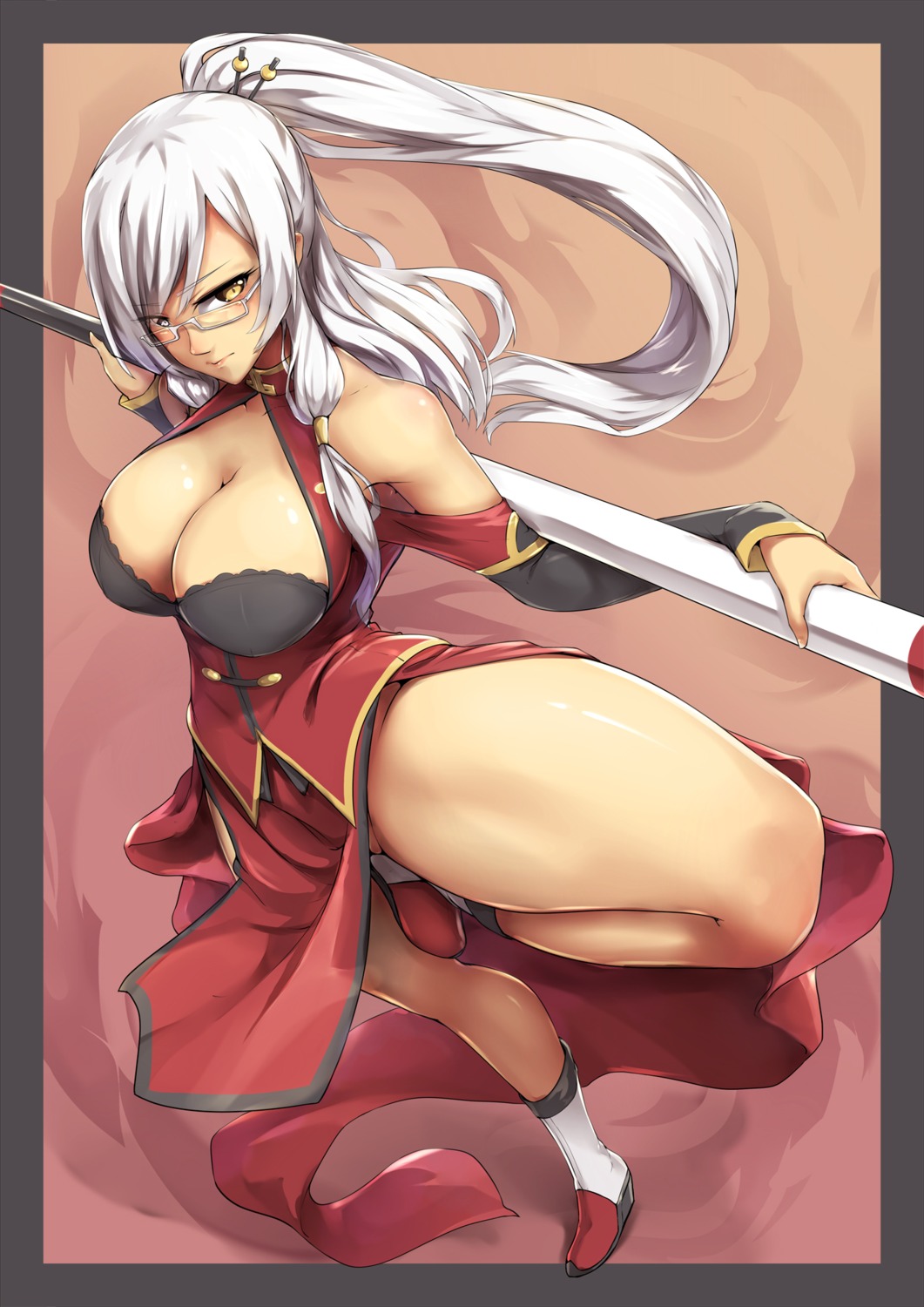 asian_clothes cleavage megane open_shirt packge weapon