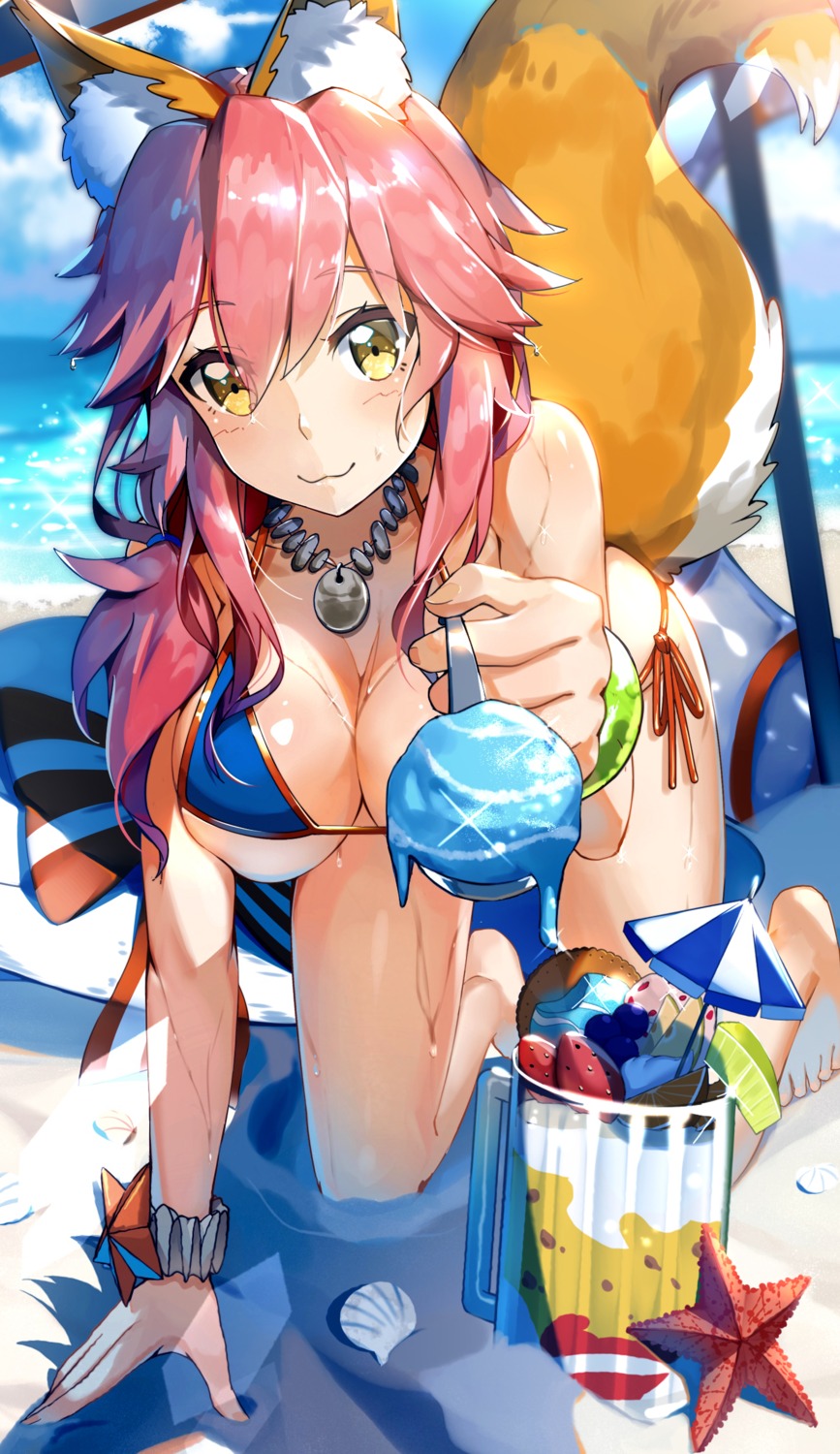 animal_ears bikini cleavage fate/extra fate/stay_night kitsune lu" swimsuits tail tamamo_no_mae underboob wet