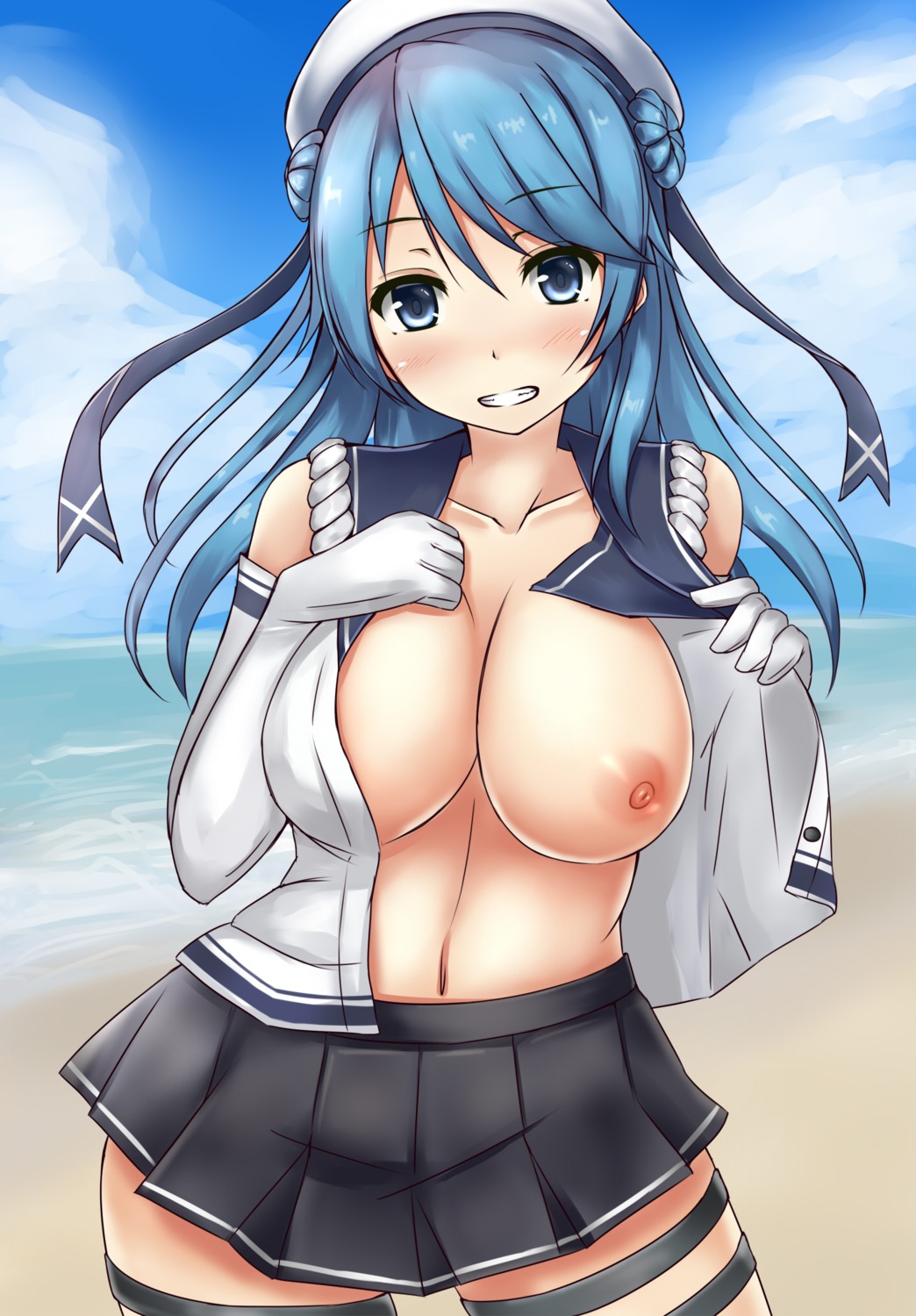 breasts garter kantai_collection nipples no_bra open_shirt seifuku terakoya undressing urakaze_(kancolle)