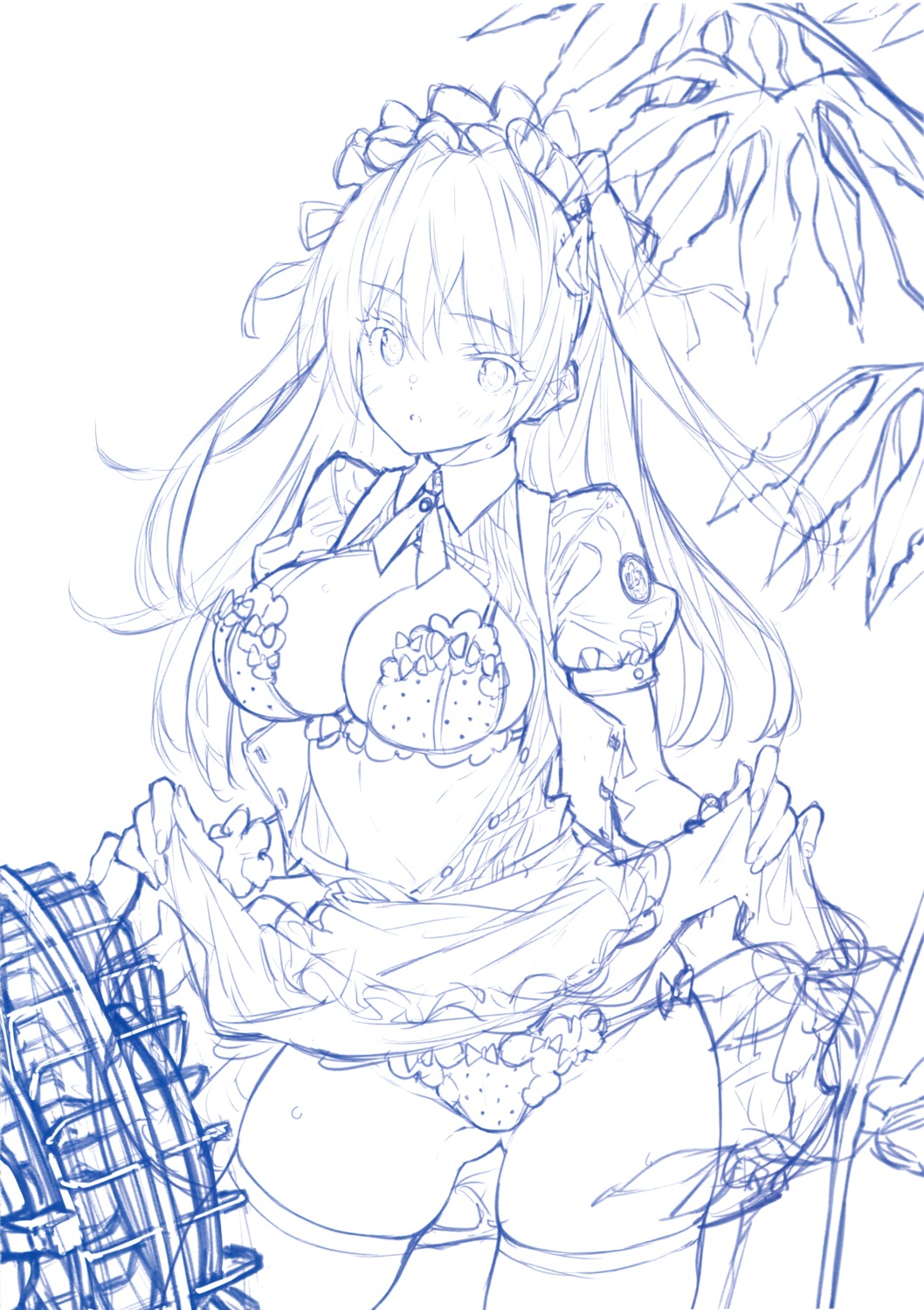 bra lingerie maid monochrome open_shirt pantsu saitom sketch skirt_lift thighhighs