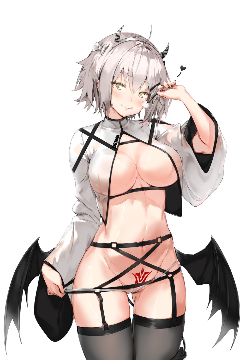 cameltoe fate/grand_order horns jeanne_d'arc jeanne_d'arc_(alter)_(fate) no_bra open_shirt pantsu panty_pull pixel_(yuxian) see_through stockings tail tattoo thighhighs undressing wings