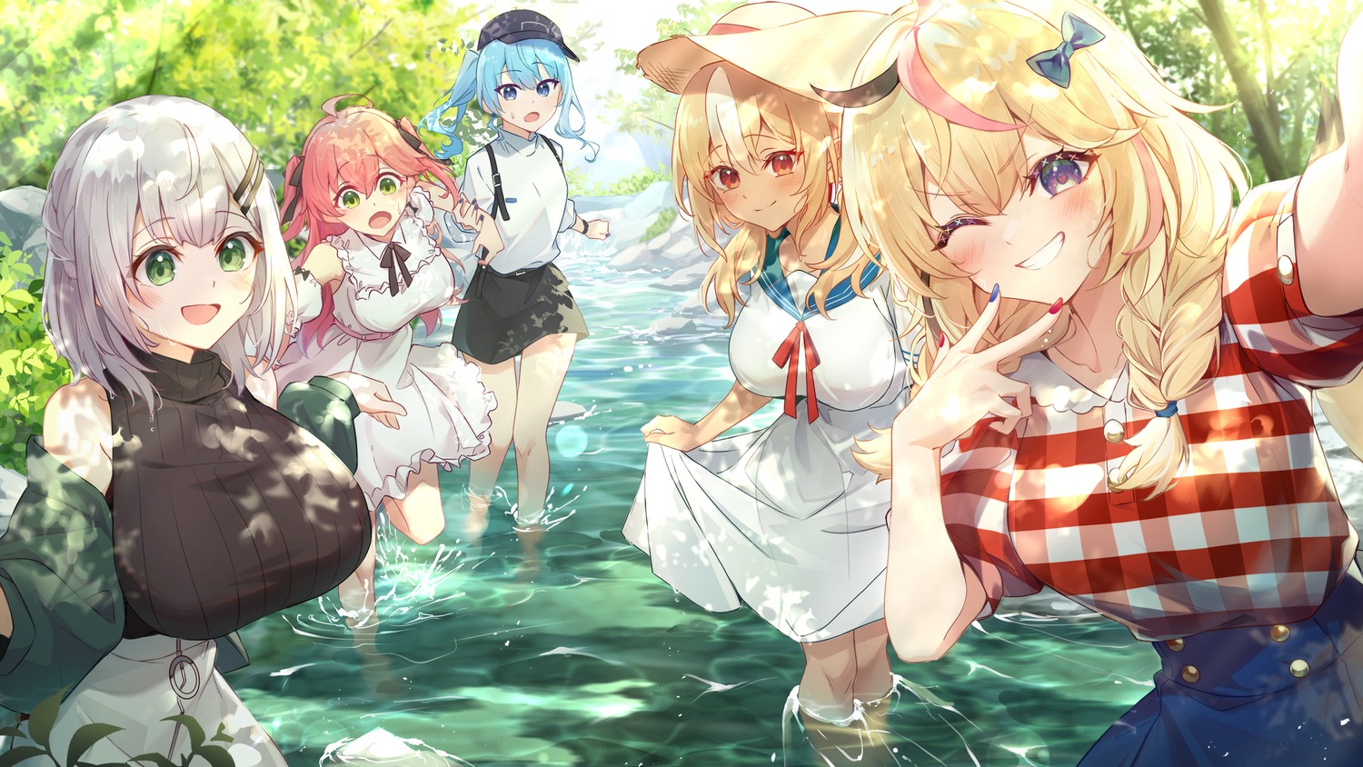 dress elf hololive hoshimachi_suisei omaru_polka pointy_ears sakura_miko selfie shiranui_flare shirogane_noel skirt_lift sweater tang-du wallpaper wet