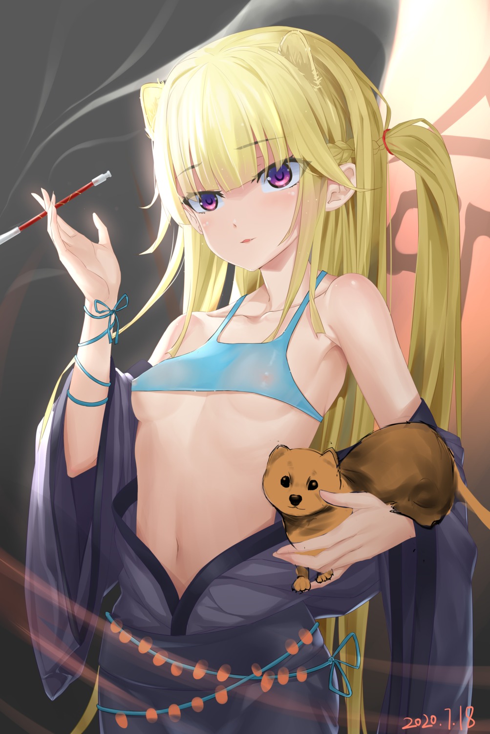 animal_ears japanese_clothes nipples no_bra open_shirt see_through smoking tagme