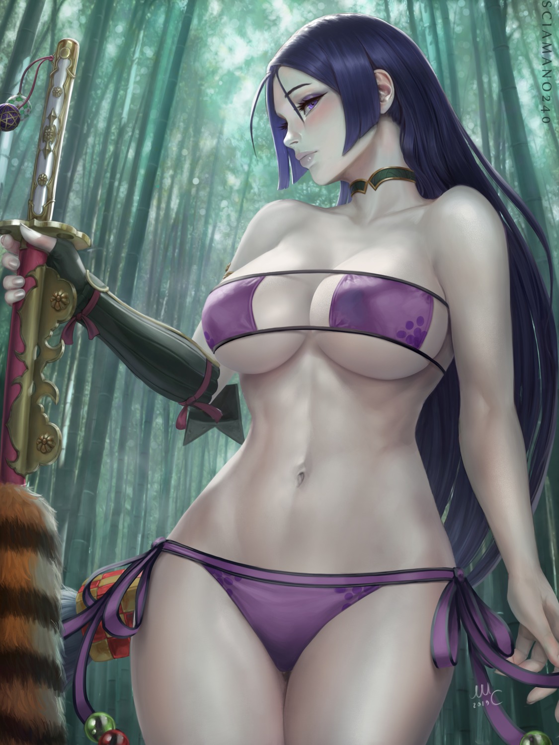 bikini cleavage erect_nipples fate/grand_order minamoto_no_raikou_(fate/grand_order) mirco_cabbia swimsuits sword underboob