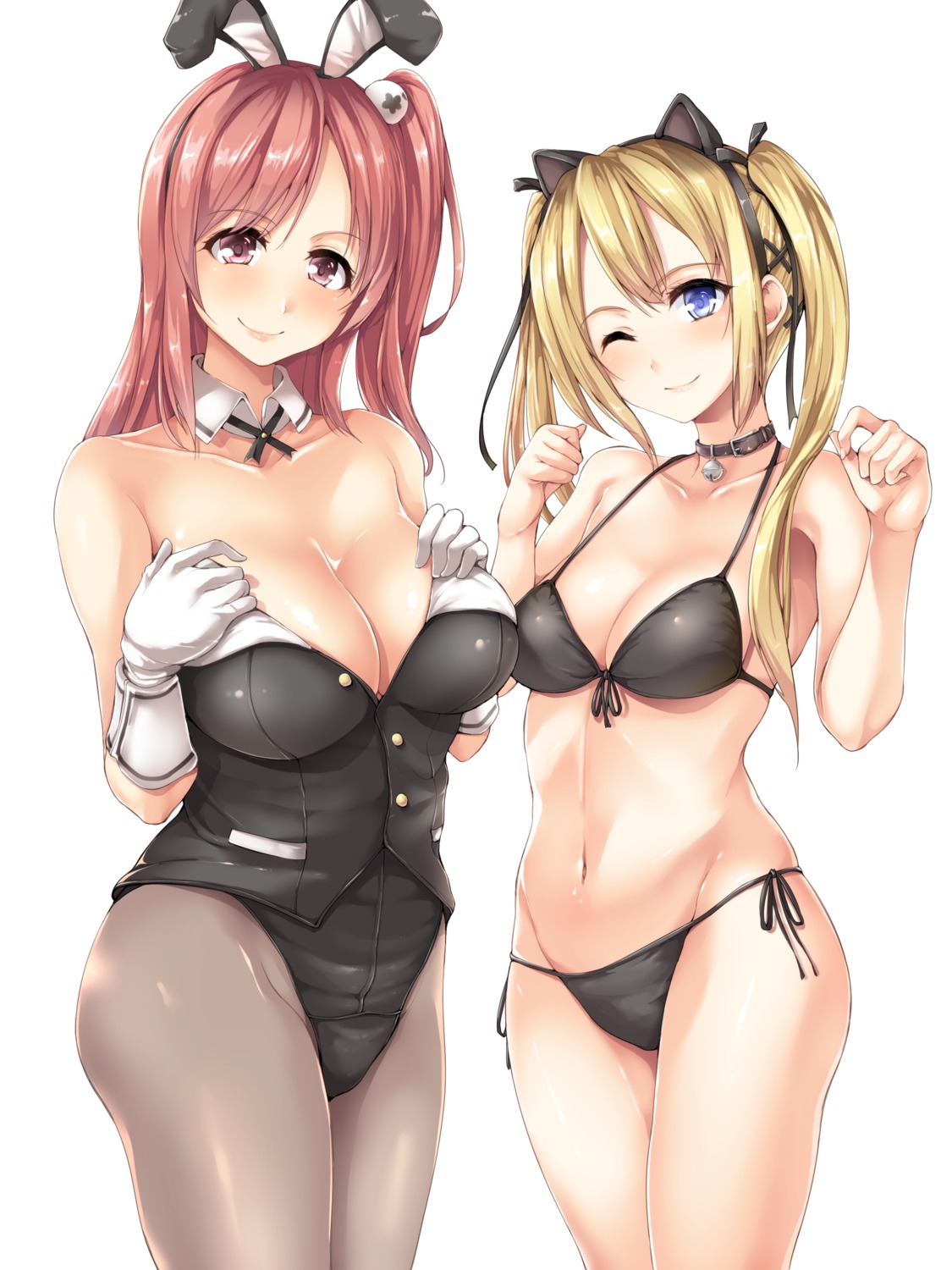 animal_ears bikini bunny_ears bunny_girl cleavage dead_or_alive honoka_(doa) marie_rose nekomimi no_bra open_shirt pantyhose swimsuits tachibana_omina undressing