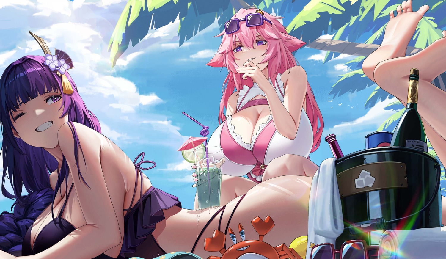 a_kite_(akitee) animal_ears bikini genshin_impact kitsune megane raiden_shogun swimsuits yae_miko