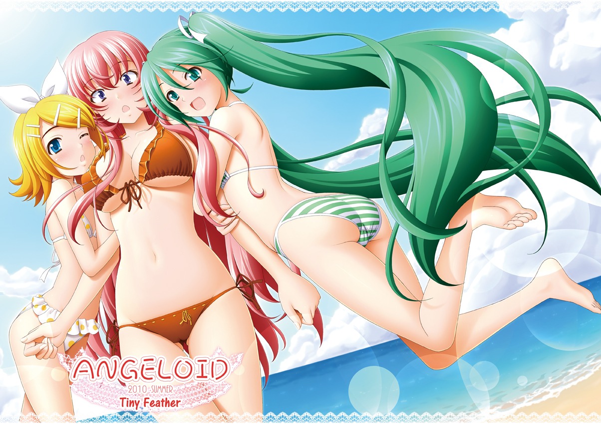 bikini cameltoe cleavage hatsune_miku kagamine_rin megurine_luka sin_go swimsuits vocaloid