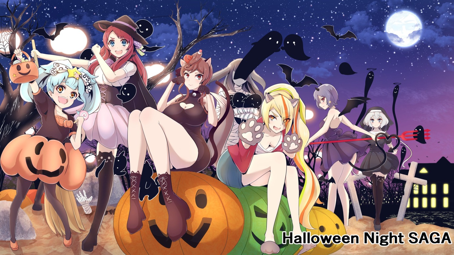 animal_ears bandages dress halloween hoshikawa_lily konno_junko minamoto_sakura mizuno_ai nikaido_saki no_bra nun pantyhose tagme tail thighhighs weapon wings witch yamada_tae yuugiri_(zombieland_saga) zombieland_saga