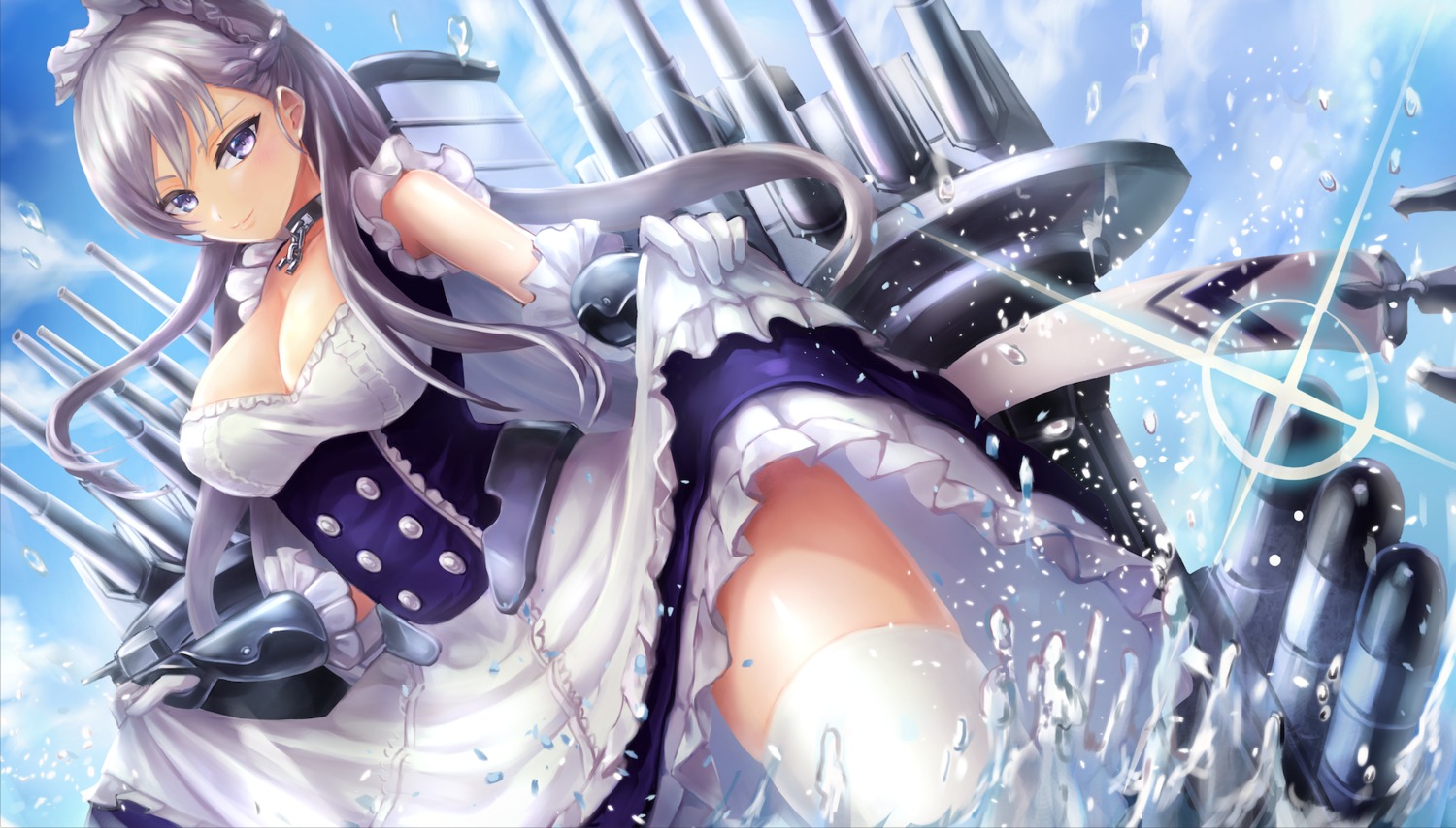 azur_lane belfast_(azur_lane) cleavage ko_31 maid skirt_lift thighhighs wet