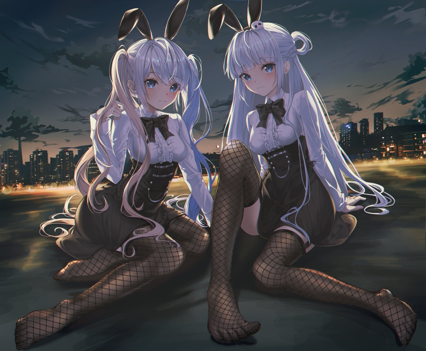 animal_ears bunny_ears feet fishnets kuro_(rudyan0128) pantyhose see_through skirt_lift stockings thighhighs