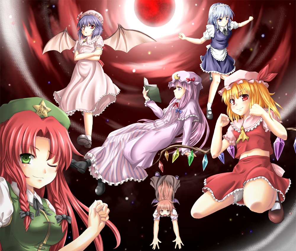 flandre_scarlet hong_meiling izayoi_sakuya koakuma mochi.f patchouli_knowledge remilia_scarlet touhou wings