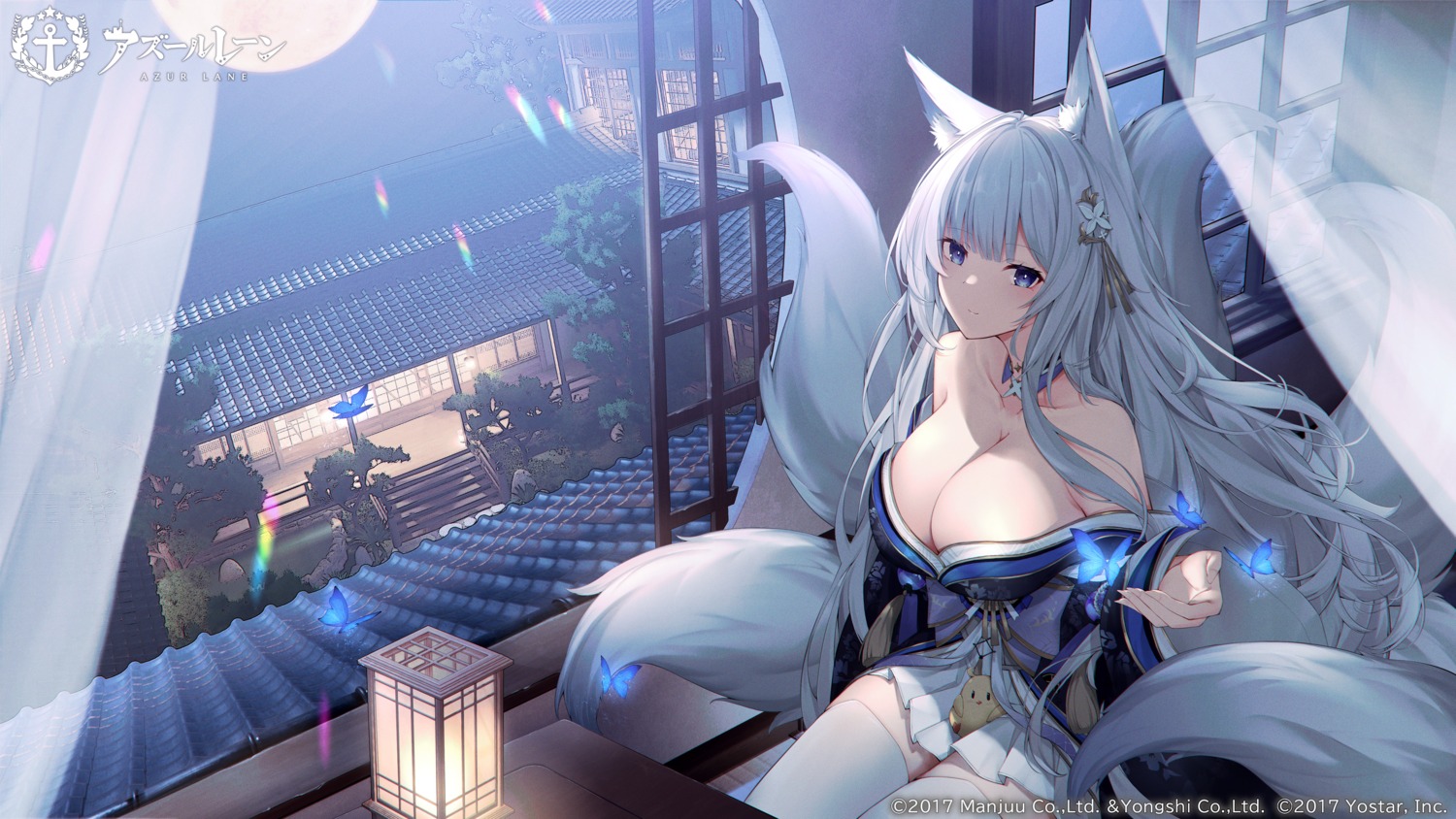 animal_ears azur_lane japanese_clothes kitsune manjuu_(azur_lane) open_shirt sagiri_(ulpha220) shinano_(azur_lane) tail thighhighs