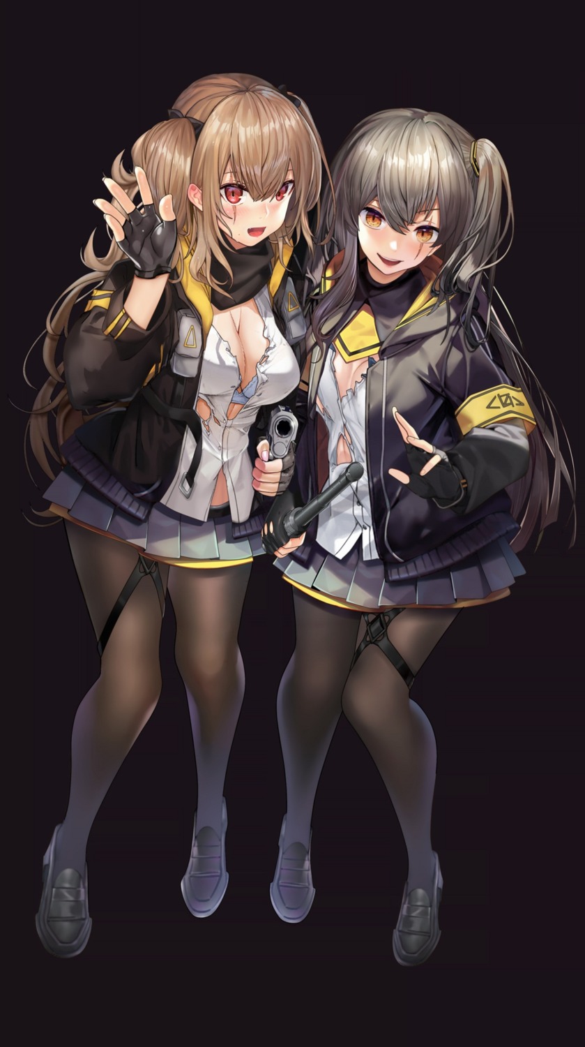 bra cleavage girls_frontline gun pantyhose qibuyurenjiu torn_clothes ump45_(girls_frontline) ump9_(girls_frontline) weapon