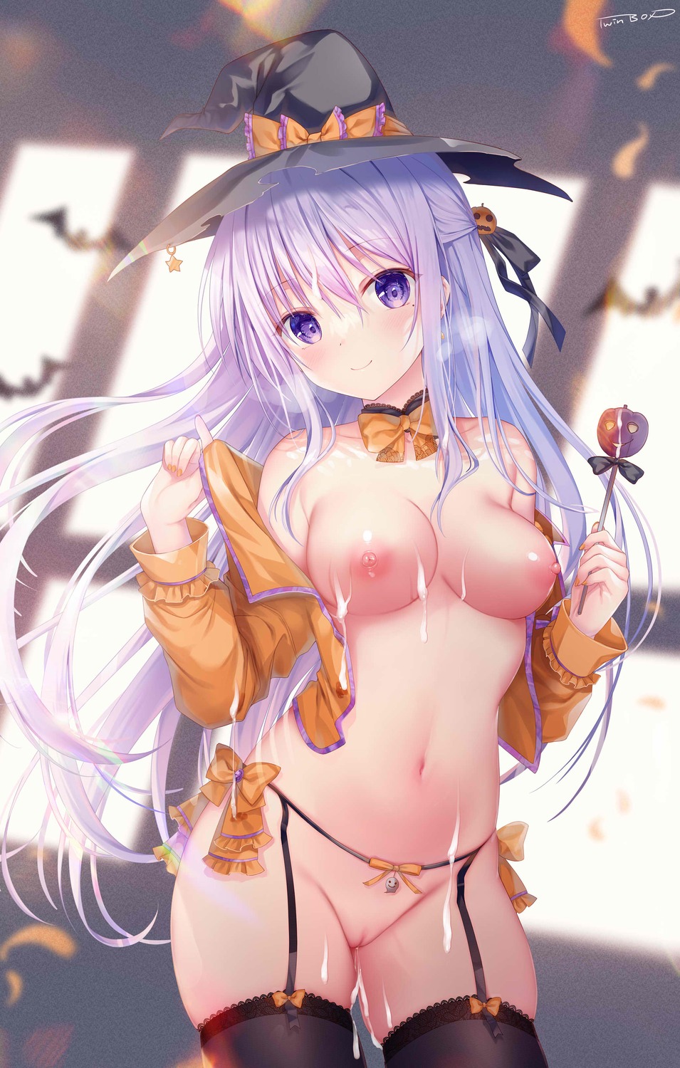 bottomless breasts cum garter_belt halloween hiiragi_asuka_(twinbox) nipples no_bra open_shirt pussy see_through stockings thighhighs twinbox twinbox_school uncensored undressing witch