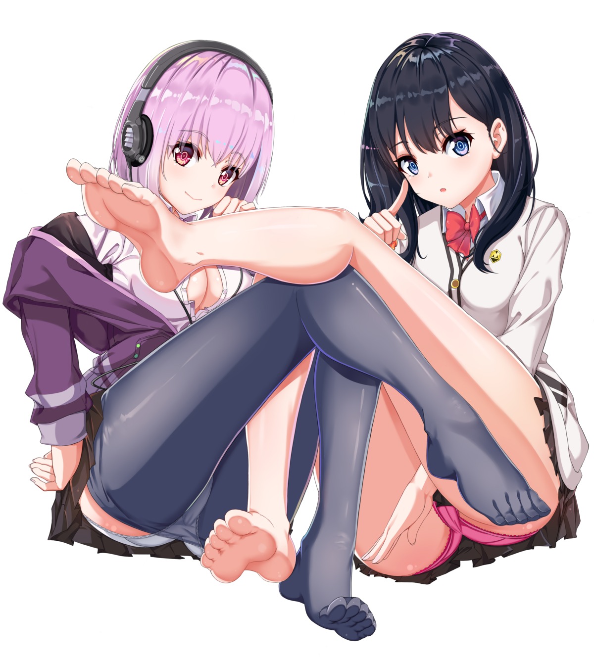 cameltoe cleavage feet gatari headphones no_bra open_shirt pantsu pantyhose seifuku shinjou_akane ssss.gridman sweater takarada_rikka