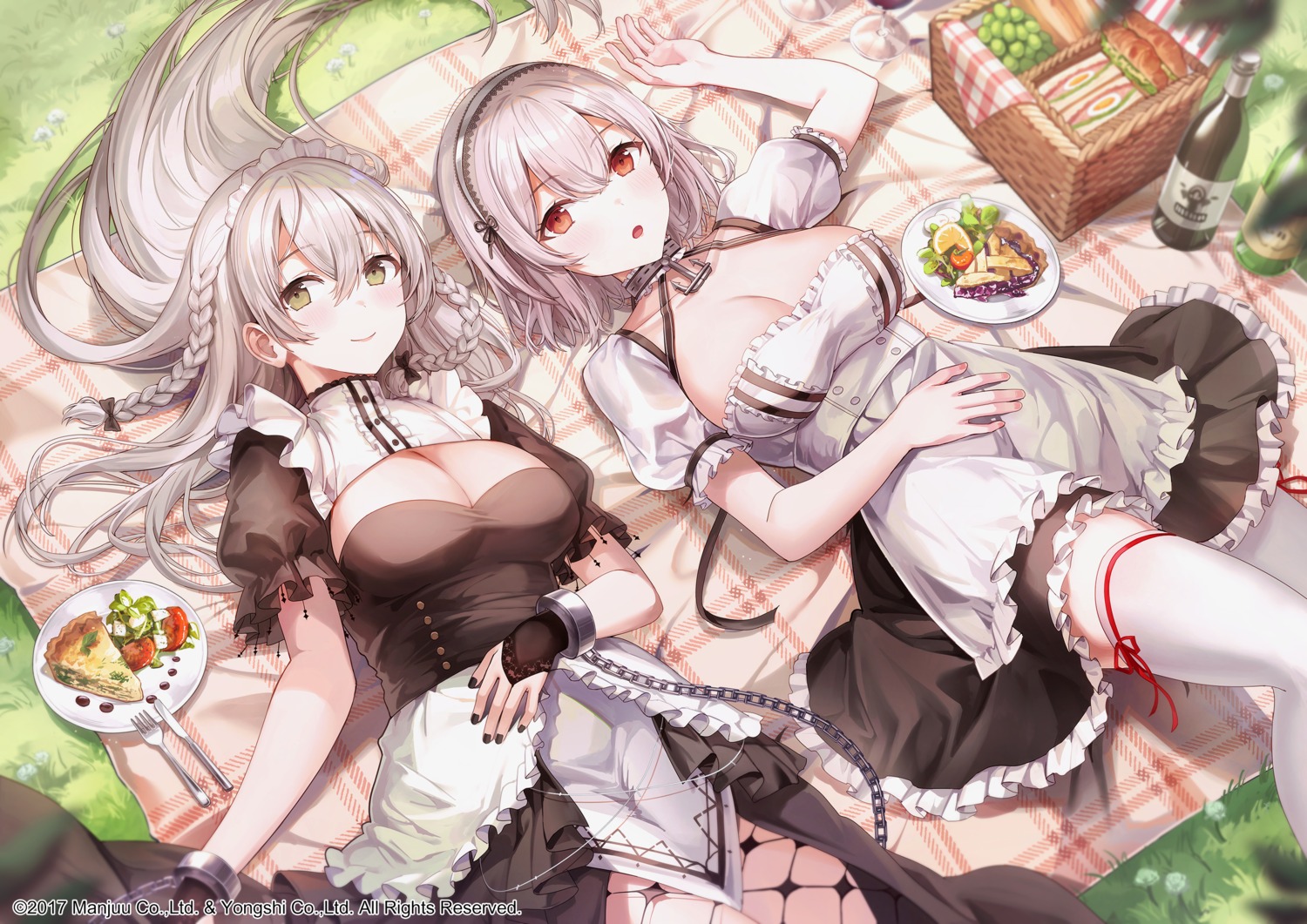 azur_lane cleavage fishnets hermione_(azur_lane) maid no_bra pantyhose rangu sirius_(azur_lane) skirt_lift thighhighs