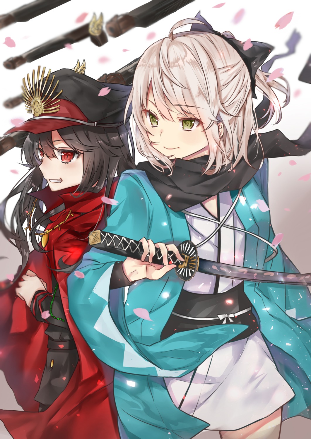 fate/grand_order gun hoshimiya_nazuna japanese_clothes oda_nobunaga_(fate) okita_souji_(fate) sword uniform