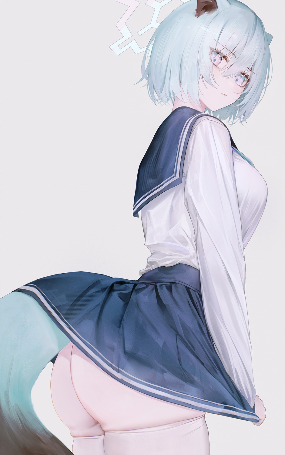 animal_ears ass blue_archive flippy_(cripine111) halo mayoi_shigure nopan seifuku skirt_lift tail thighhighs