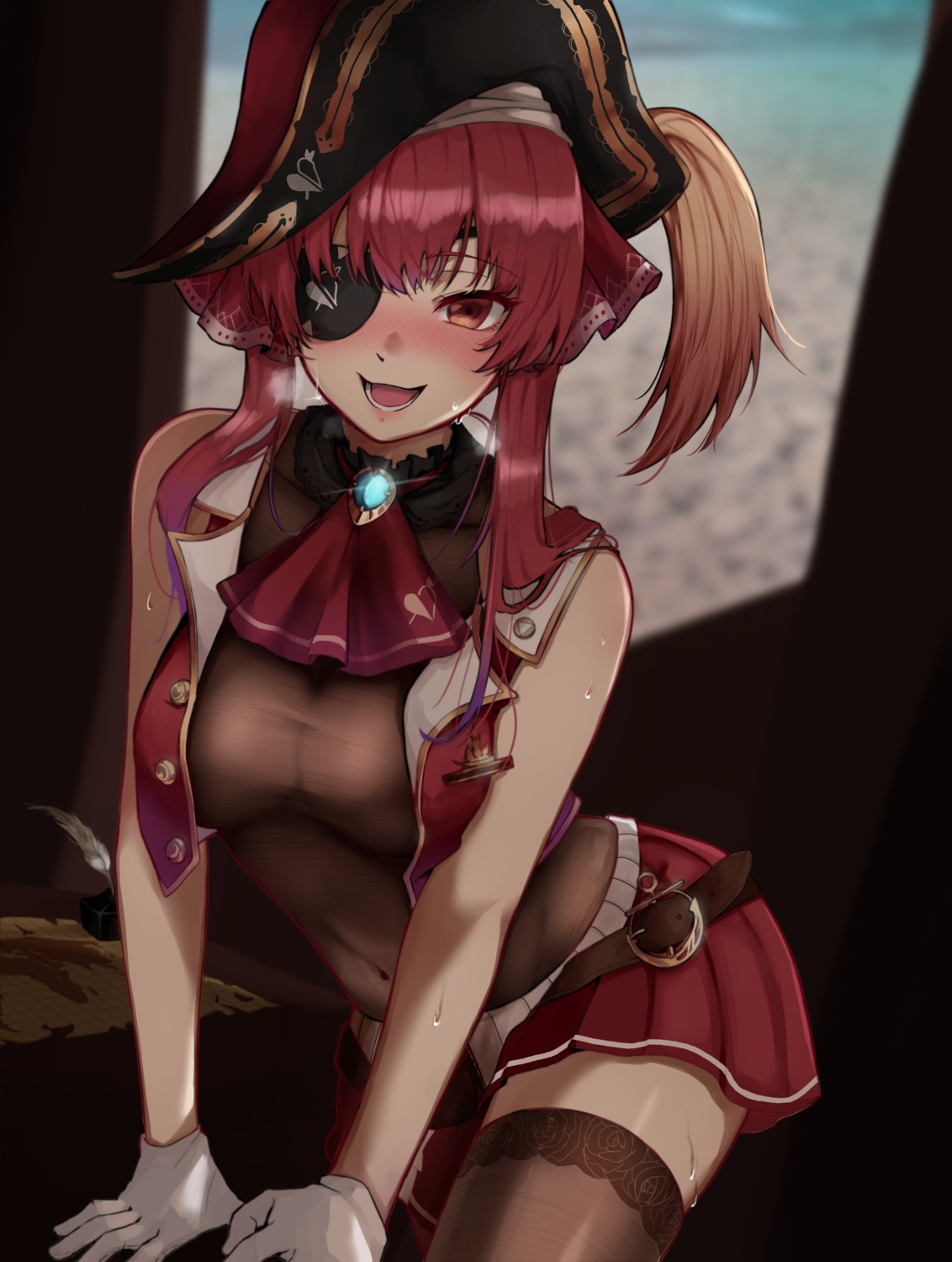 eyepatch hololive houshou_marine no_bra pirate saco_(cgmore) see_through thighhighs