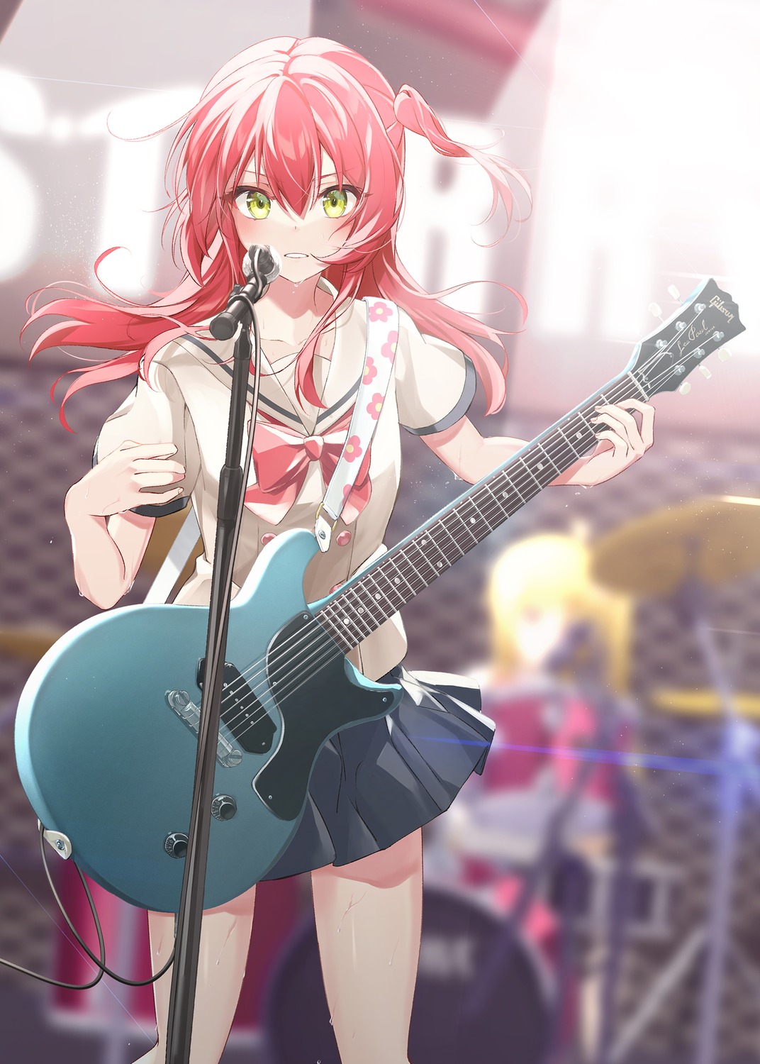 bocchi_the_rock! dice_gt guitar ijichi_nijika kita_ikuyo seifuku skirt_lift