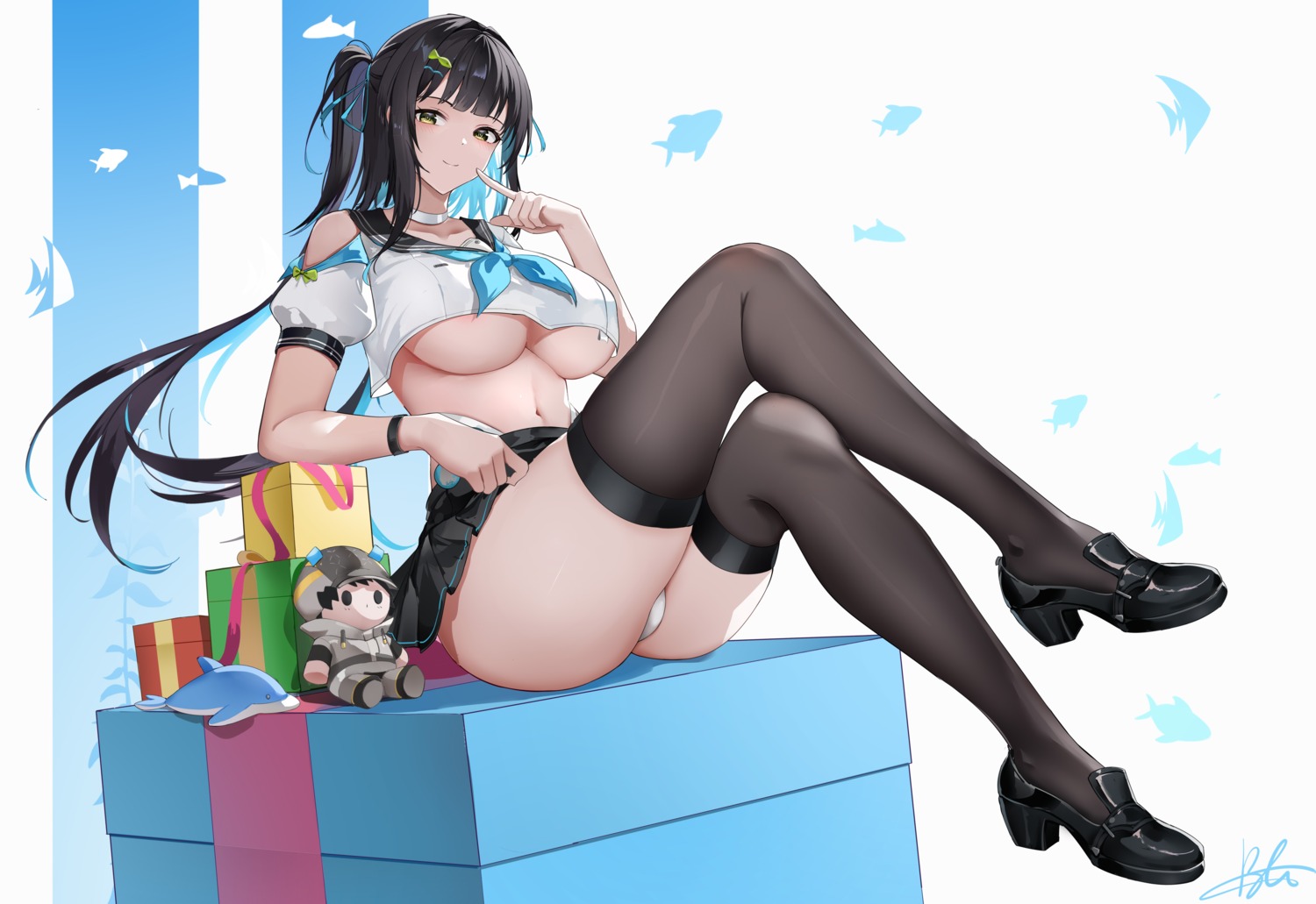 baige0 chibi heels no_bra pantsu seifuku siris skirt_lift snowbreak:_containment_zone thighhighs thong underboob