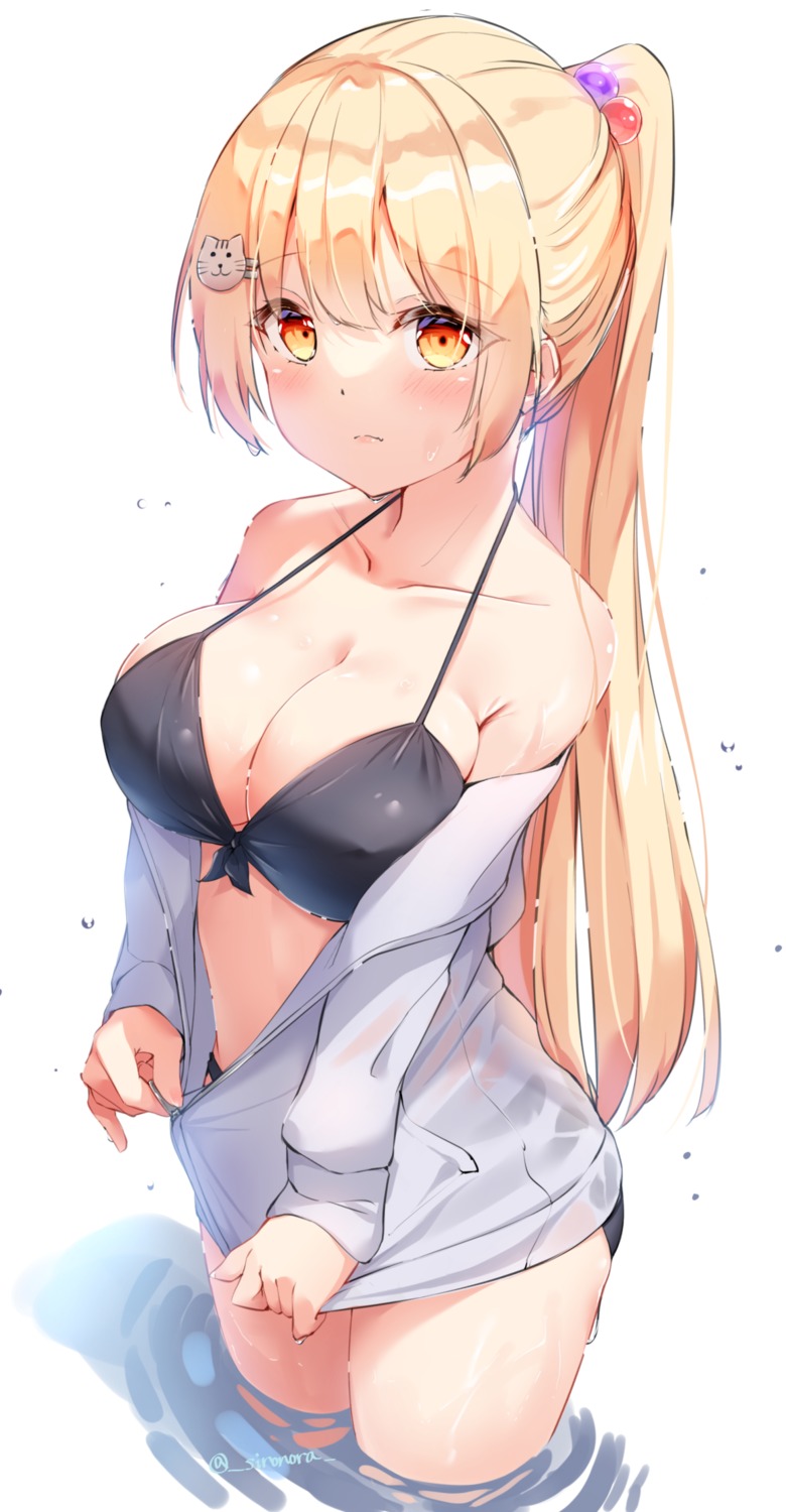 bikini cleavage open_shirt see_through shironora swimsuits undressing wet wet_clothes