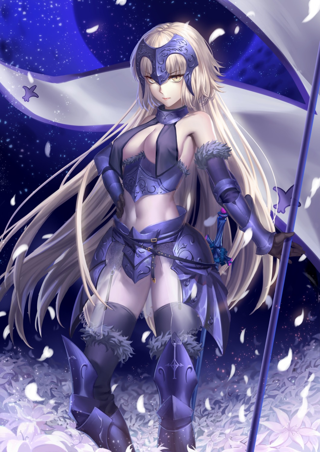 armor cleavage fate/grand_order jeanne_d'arc jeanne_d'arc_(alter)_(fate) maomaozi no_bra see_through stockings thighhighs weapon