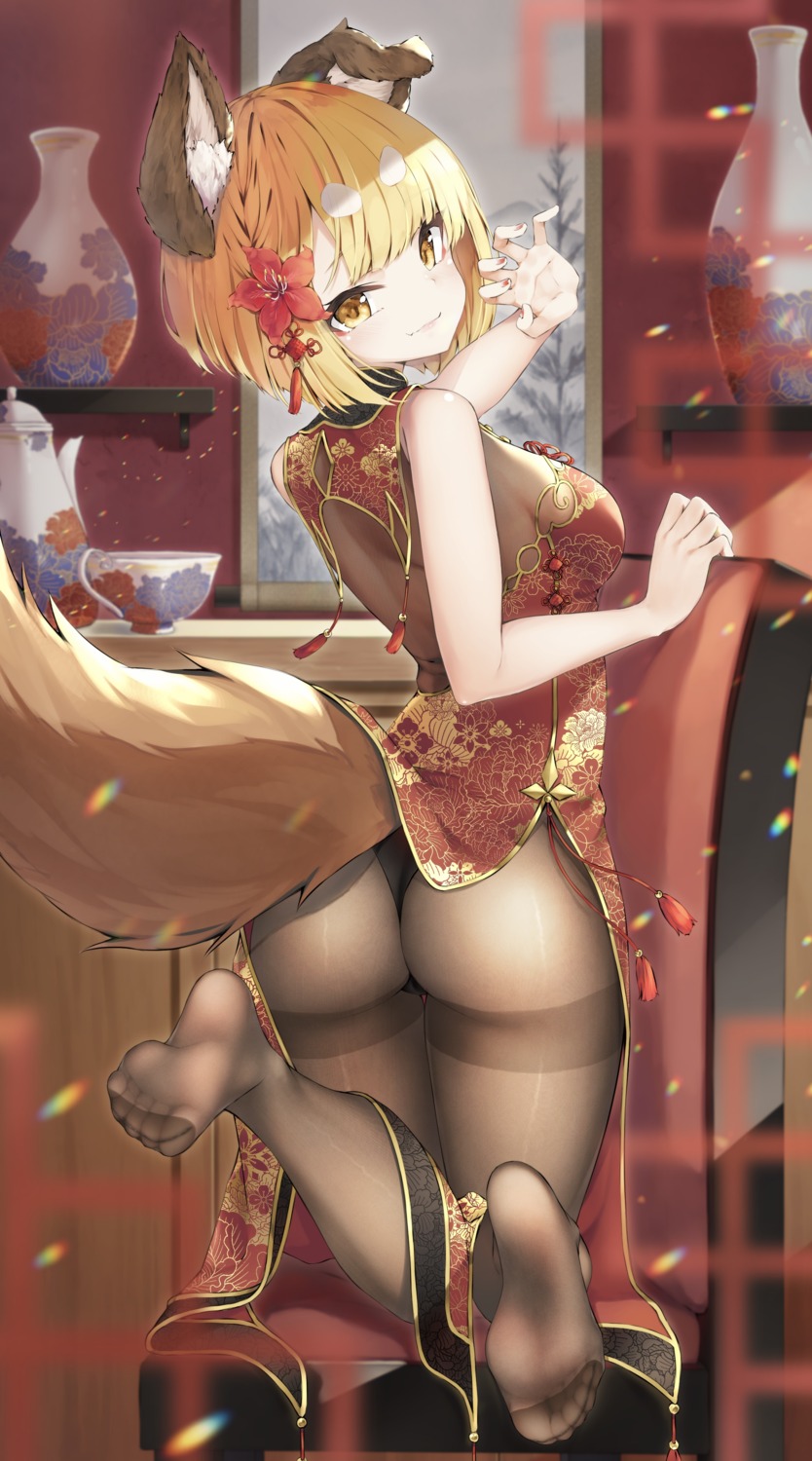 animal_ears ass bodysuit chinadress feet granblue_fantasy hyouta_(yoneya) inumimi no_bra pantsu skirt_lift tail thong vajra_(granblue_fantasy)