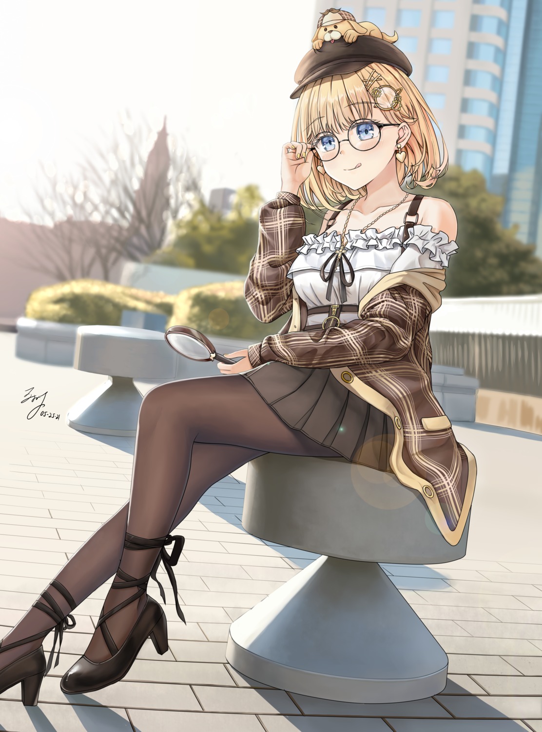 heels hololive hololive_english megane pantyhose skirt_lift watson_amelia zeng$_(zwj)