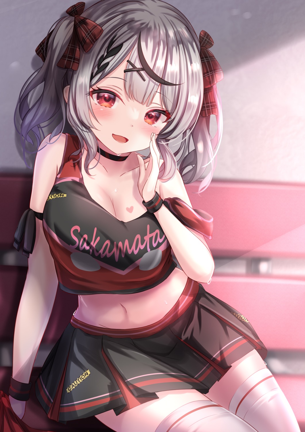 cheerleader cleavage hololive sakamata_chloe tattoo thighhighs wardrobe_malfunction yuano