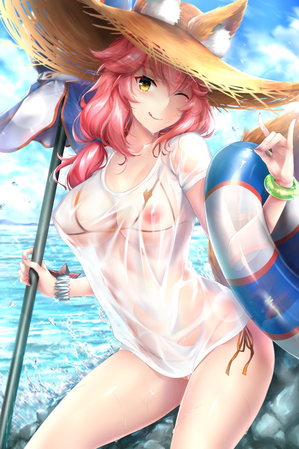 animal_ears bikini erect_nipples fate/grand_order nipples pussy rei_kun see_through swimsuits tail tamamo_no_mae uncensored wet wet_clothes