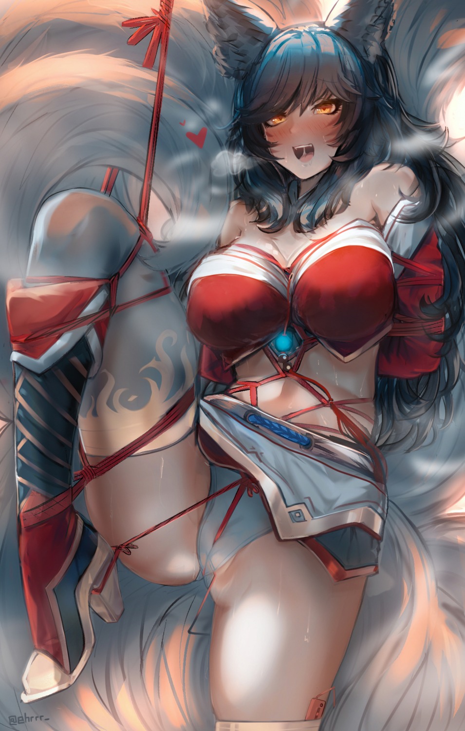 ahri animal_ears bondage cameltoe cleavage ehrrr heels kitsune league_of_legends pantsu skirt_lift tail thighhighs