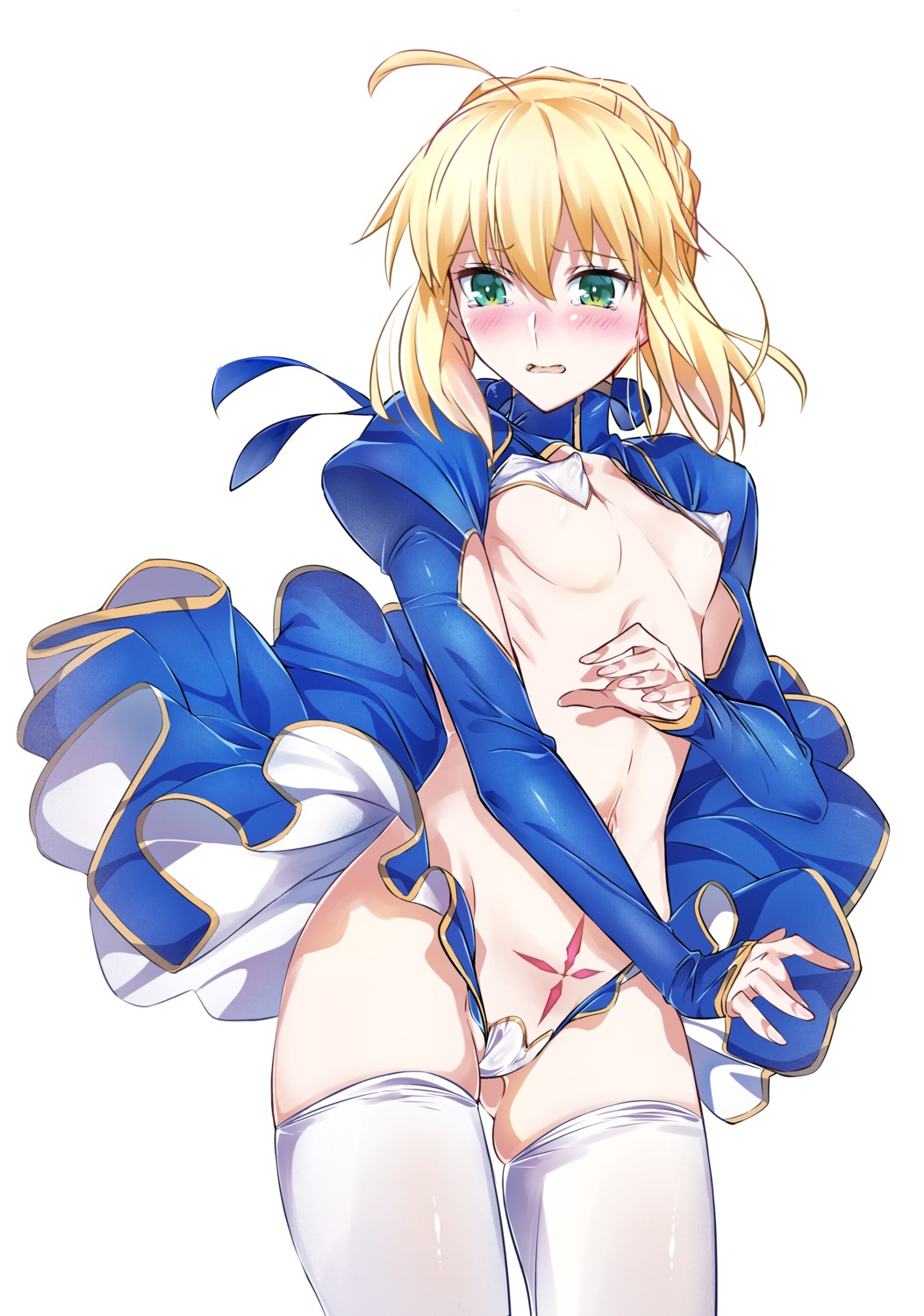 cameltoe erect_nipples fate/stay_night maebari niko_(tama) no_bra nopan saber skirt_lift tattoo thighhighs