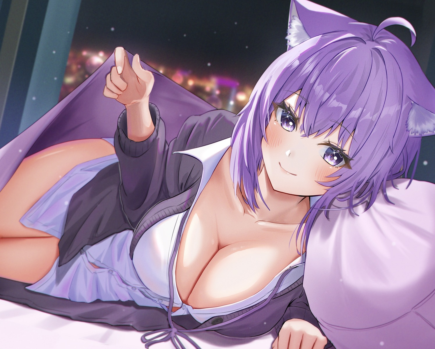 animal_ears dress_shirt hololive hololive_gamers nekomata_okayu nekomimi no_bra open_shirt sheets sweater torakichi_888