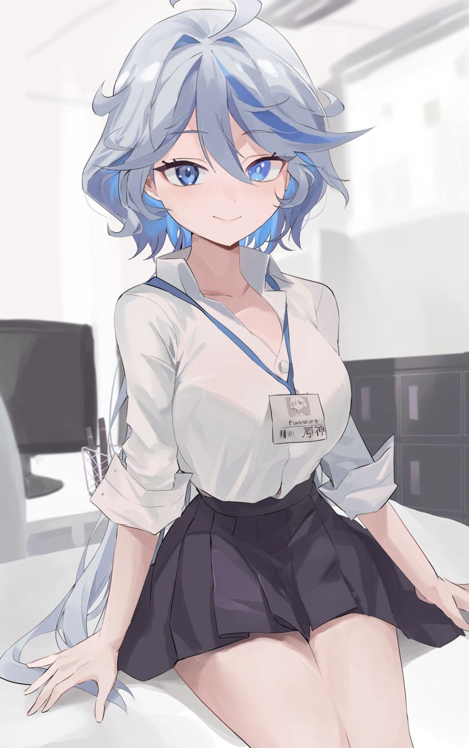 bra dress_shirt furina genshin_impact heterochromia nimiru_namire see_through