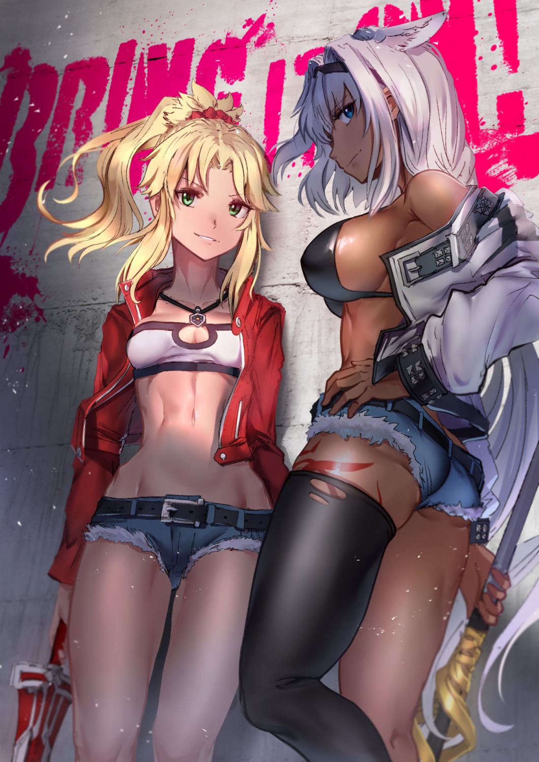 animal_ears ass bra caenis_(fate/grand_order) fate/grand_order mordred_(fate) nakasaku-p open_shirt tattoo thighhighs torn_clothes weapon