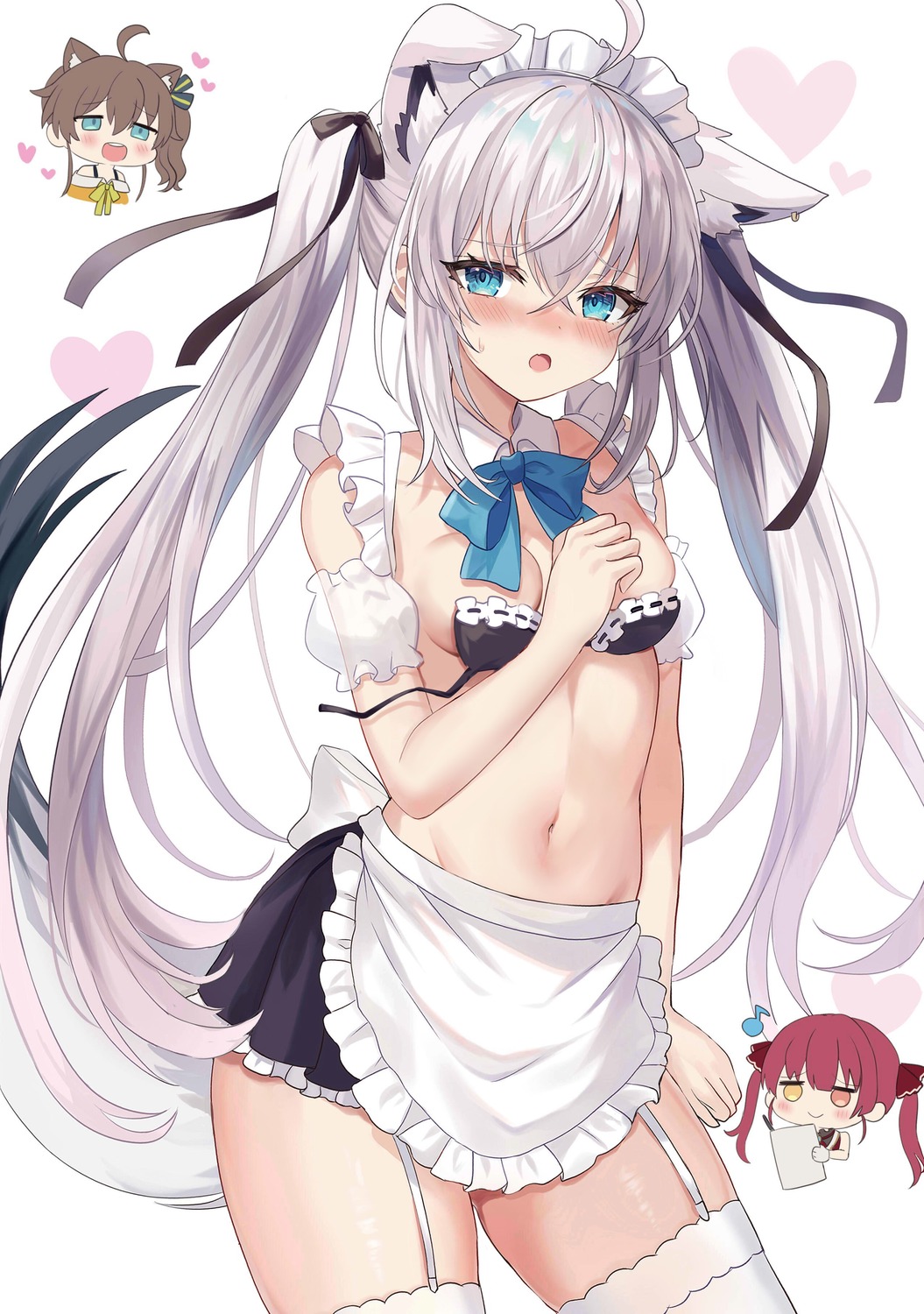 animal_ears bra chibi heterochromia hololive hololive_gamers houshou_marine kitsune maid natsuiro_matsuri retsuto shirakami_fubuki stockings tail thighhighs wardrobe_malfunction