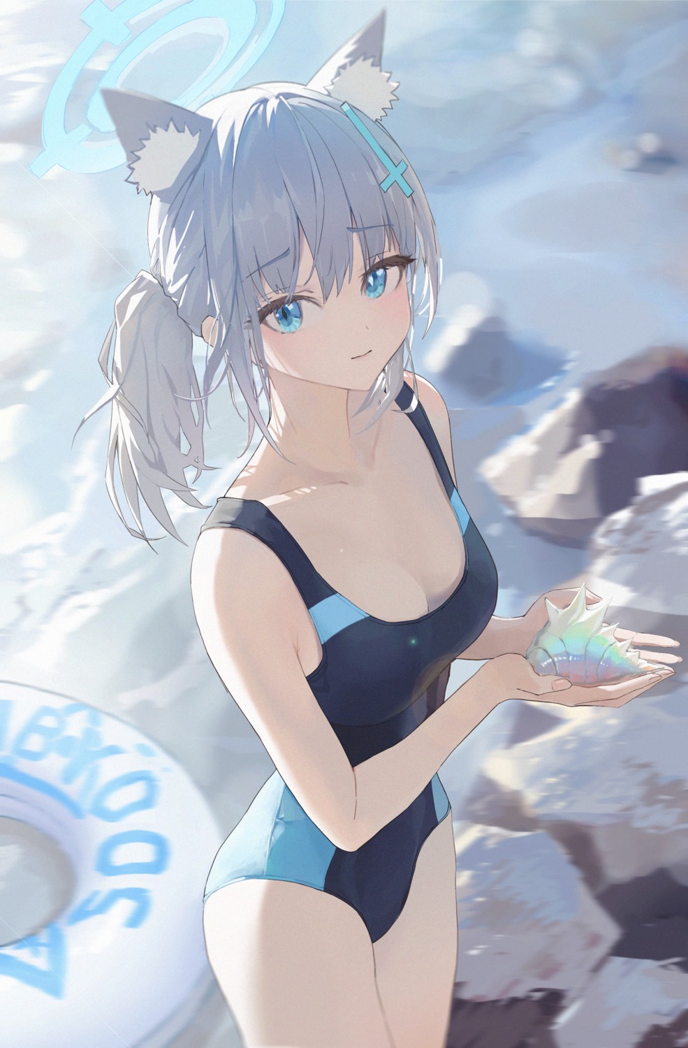 0dd animal_ears blue_archive halo nekomimi sunaookami_shiroko swimsuits