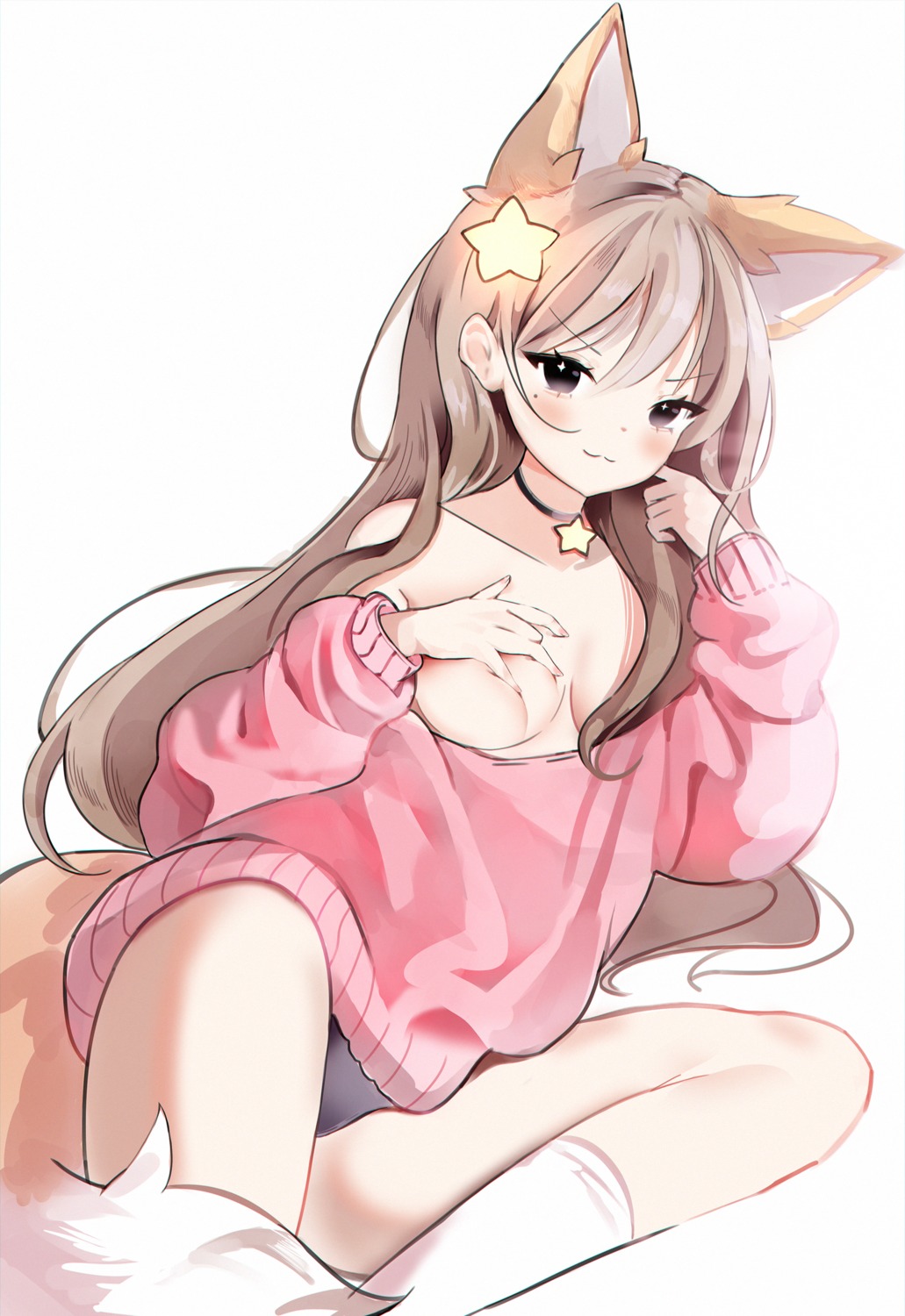 animal_ears anyuu breast_grab breasts kitsune no_bra open_shirt pantsu sweater tail