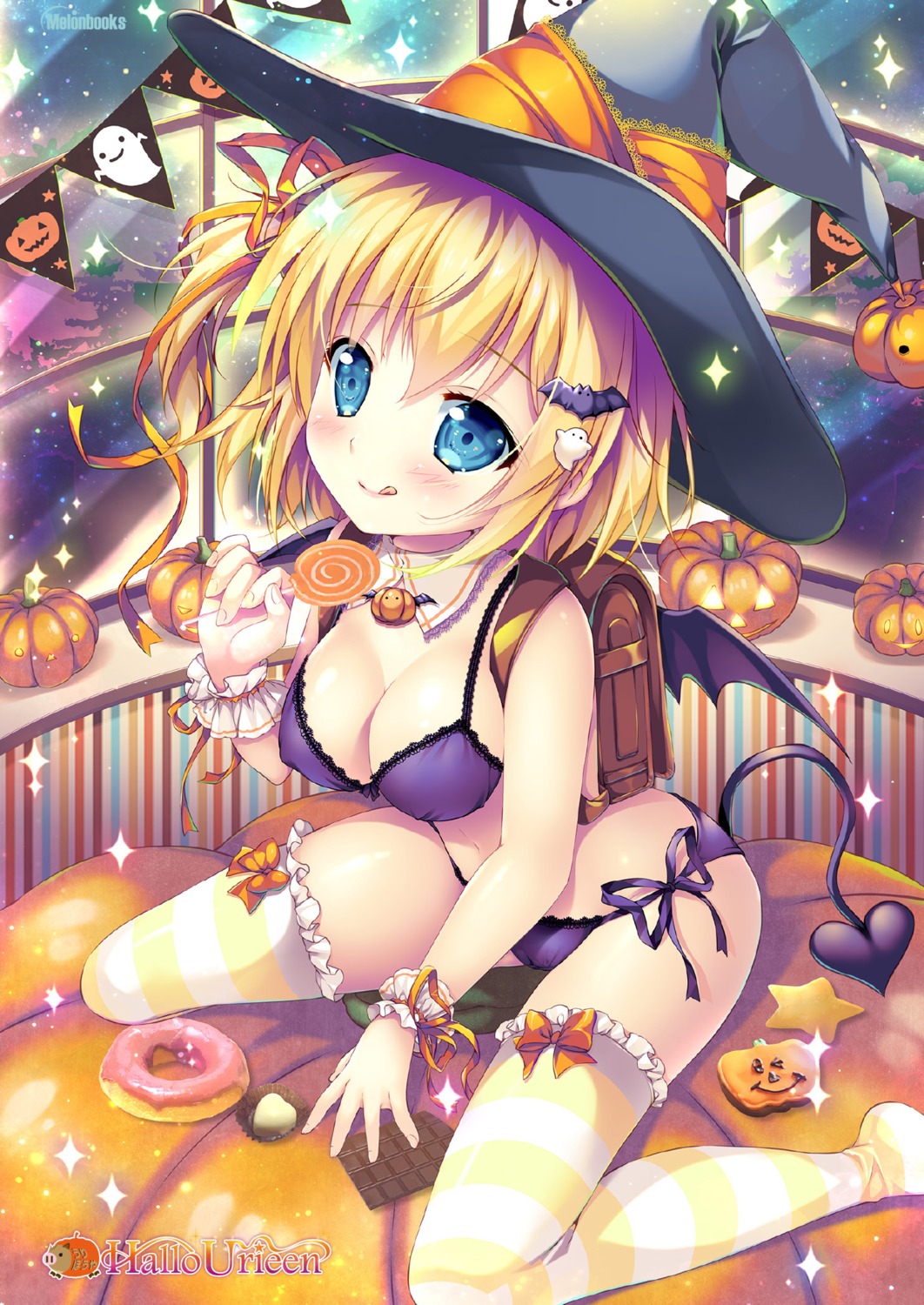 bra cleavage halloween lemon-chan lingerie melonbooks mikeou pantsu string_panties tail thighhighs wings witch