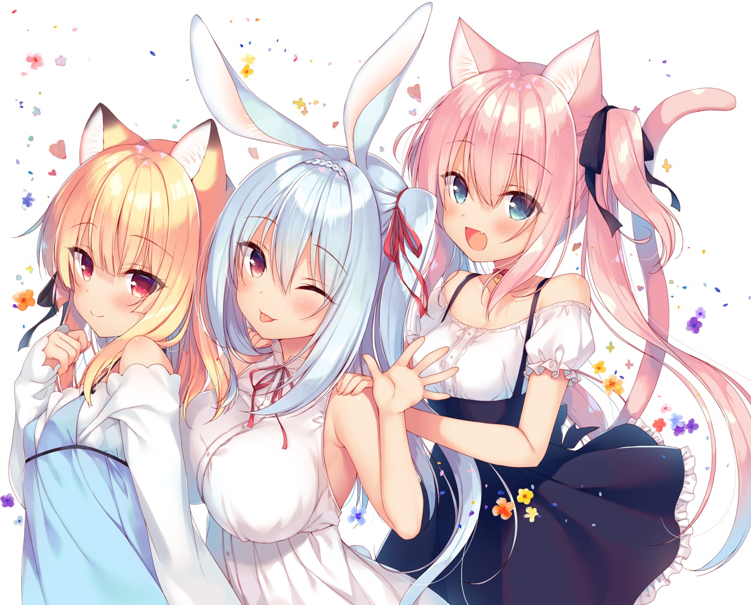 23.4° animal_ears boku_no_risou_no_isekai_seikatsu bunny_ears chise_(ichiri) dress ichiri kitsune misia_(ichiri) nekomimi rabimea_(ichiri) tail