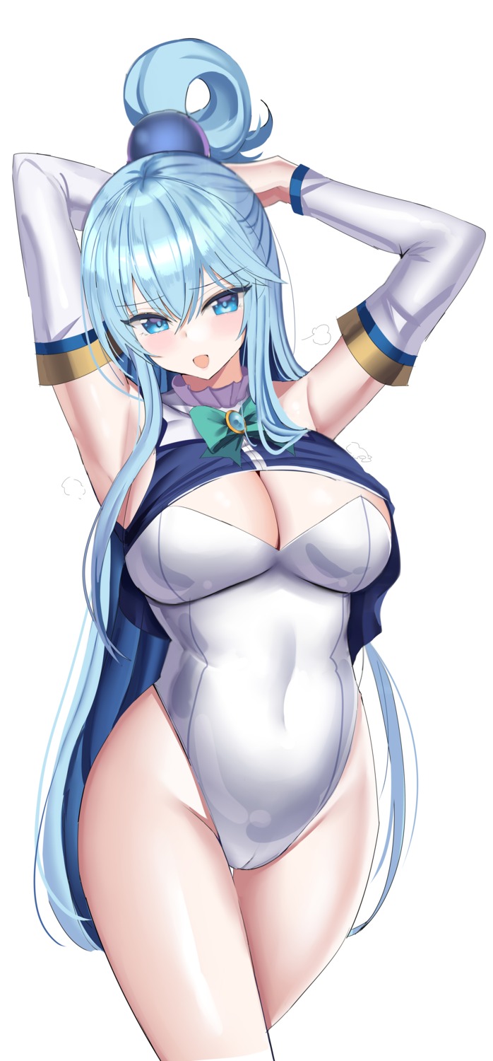 aqua_(konosuba) cameltoe cleavage hanasaka_houcha kono_subarashii_sekai_ni_shukufuku_wo! leotard shirt_lift